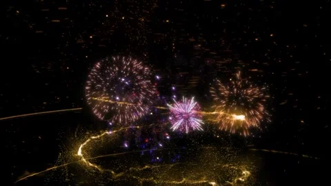 Nighttime Fireworks Explosion Over Water with Reflective Light and Crowd Stock Footage 337527212
