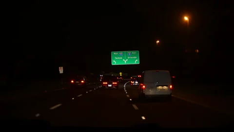 Nighttime highway drive I4 split sign Stock Footage 333806113