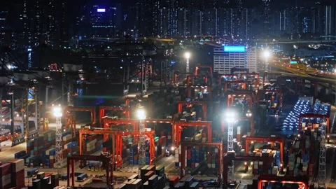 Nighttime Illumination Highlighting Shipping Container Terminal, Revealing Stock Footage 319058673