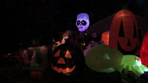 Nighttime lighted Halloween display. Video stock 203854555