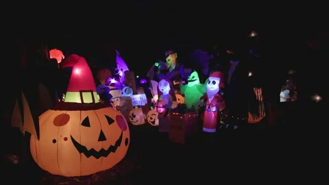 Nighttime lighted Halloween display. Video stock 203855265