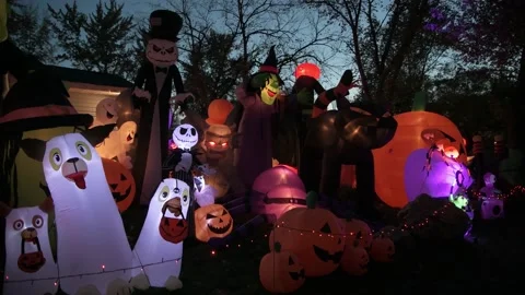 Nighttime lighted Halloween display. Video stock 203856941