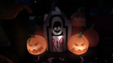 Nighttime lighted Halloween display. Video stock 203857770