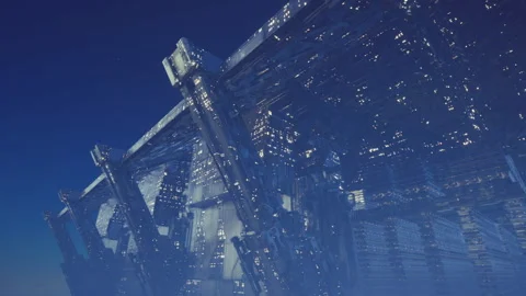 Nighttime lighting emphasizes intricate structural elements and mood Stock Footage 340666339
