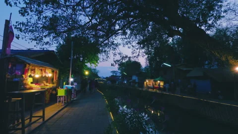 Nighttime Market Walk Along Maker Canal in Chiang Mai Thailand Stock Footage 342336831