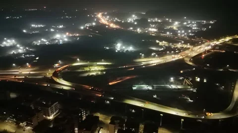 Nighttime Metropolitan Drone View And Multiple Roads Stock Footage 295480171