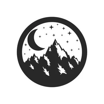 Nighttime mountain scene logo or emblem with crescent moon and sparkling st.. Stock Illustration