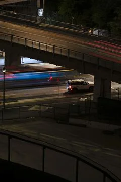 Nighttime Multi-Level Roadway with Light Trails, Vancouver, Canada, 26 July 2025 Stock Photos