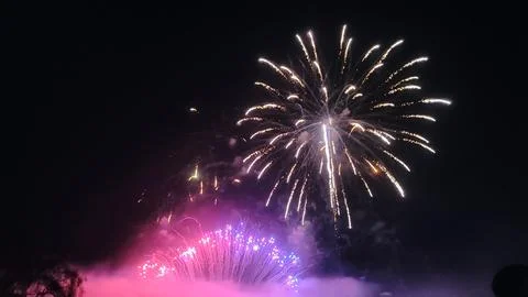 Nighttime multicolored fireworks display with circular and fan-shaped bursts Stock Photos