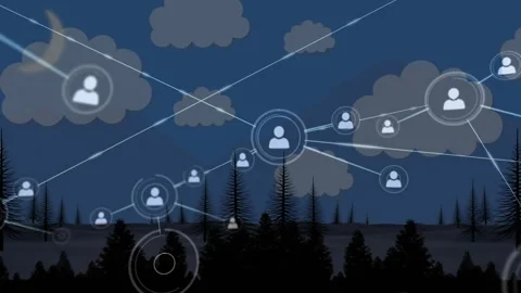 Nighttime network expanding after light beam hitting node, user icons linking 스톡 동영상 317660498