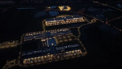 Nighttime panorama of Odense computing and data facilities. Video stock 318620536