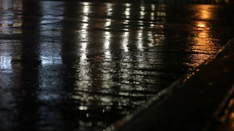 Nighttime Reflections of City Lights on Rain Wet Pavement Stock Footage 341323204