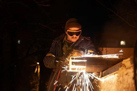 Nighttime Repair Welding Work on a Heating Line in Kyiv During Blackout Stock Photos