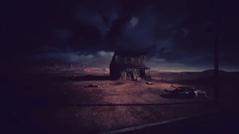 Nighttime rural environment featuring wrecked car and foreboding atmosphere Stock Footage 334332218