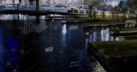 Nighttime scan initiating with glowing hex clusters appearing over water mapping Stock Footage 314148199