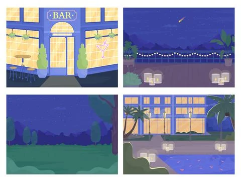 Nighttime scenes flat color vector illustrations set Stock Illustration