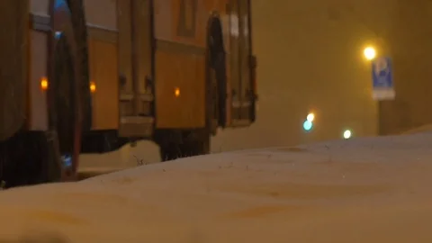 Nighttime Snowing Bus Stock Footage 71223255