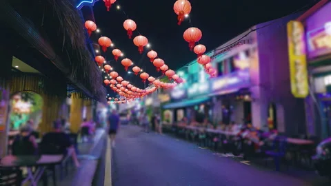 Nighttime Street Scene with Red Lanterns in George Town, Penang (Slow Motion) Stock Footage 344427385