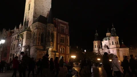 Nighttime Stroll in Prague's Old Town Square Stock Footage 288042810