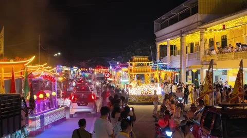 Nighttime Temple Float Parade During the nine emperor gods festival Stock Footage 347894597