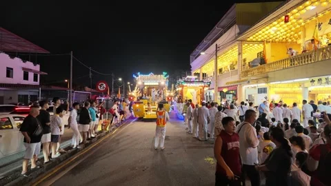 Nighttime Temple Float Parade at the nine emperor gods festival Stock Footage 347894836