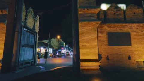 Nighttime Tha Pae Gate in Chiang Mai with Night Traffic Stock Footage 342339496