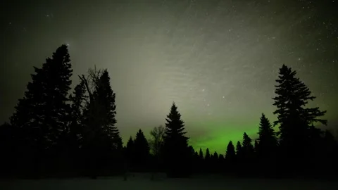 Nighttime timelapse of clouds and stars above a silhouetted forest and aurora Stock Footage 303660119