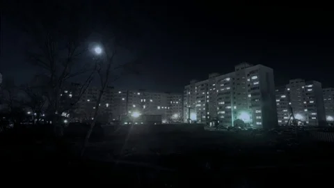 Nighttime timeline in the city, view from the window, big moon Stock Footage