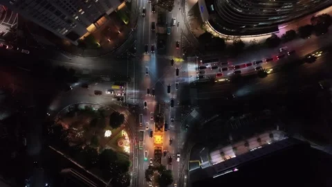 Nighttime Top Down Aerial View Urban Intersection Circular Plaza Stock-Footage 331184600