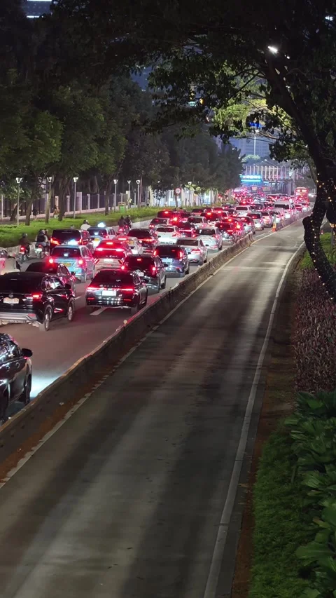 Nighttime Traffic and Public Transportation Corridor in Jakarta Stock Footage 338940503