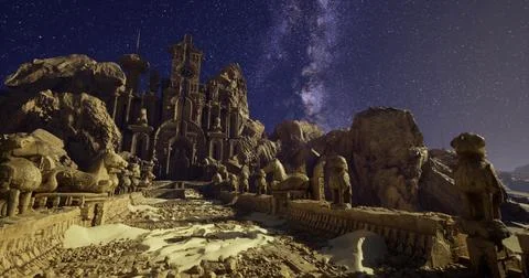 Nighttime view of ancient stone architecture under a starry sky Stock Illustration