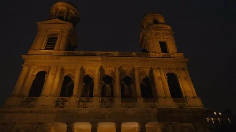Nighttime View of Historic Saint-Sulpice Church in Paris, France Stock Footage 319244591