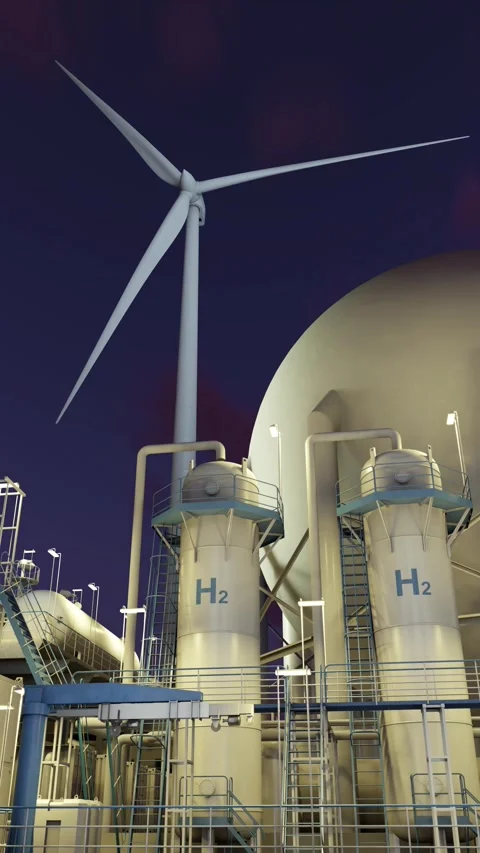 A nighttime view of the *hydrogen platform*.  Vertical video. 3d render 스톡 동영상 293568896