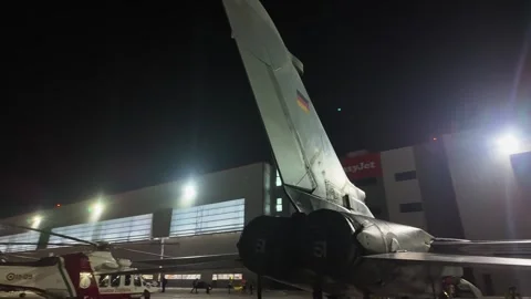 Nighttime view of a Luftwaffe Panavia Tornado IDS rear at Malta International Stock Footage 328601837