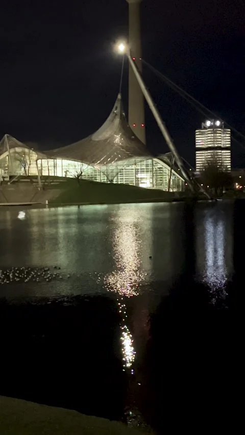 Nighttime View of a Modern Building Reflecting on Water With City Lights in the Stock Footage 301136924
