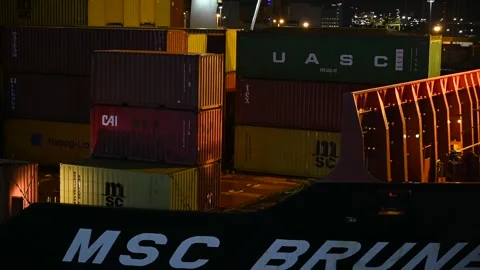Nighttime View of MSC Cargo Ship Docked at the Port with Stacked Containers Stock Footage 322594093