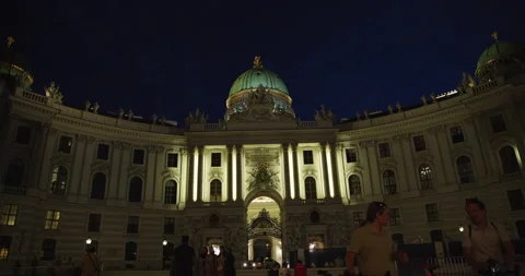 Nighttime view of St. Michael's Wing at the Hofburg, Michaelerplatz, Vienna, Stock Footage 252045830
