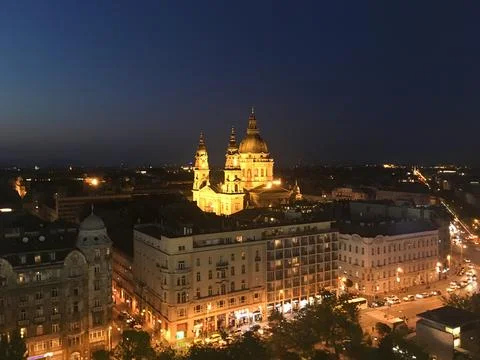 Nighttime View of St. Stephen's Basilica in Budapest, Hungary Stock Photos