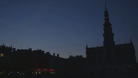 Nighttime Views of the Central Square in Zamosc, Poland Stock Footage 73484783