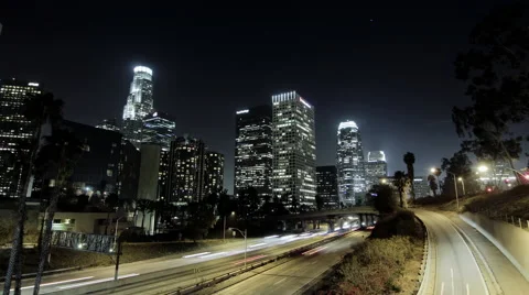 Nighttime wide angle timelapse of the Downtown Los Angeles skyline overlooking t Stock-Footage 62341616