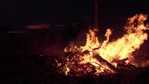 A nighttime wildfire burning through jungle, causing extensive deforestation and Stock Footage 309240737