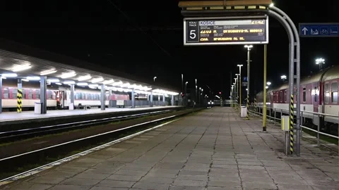 Nighttrain arriving at Kosice Train Station Stock Footage 162561384