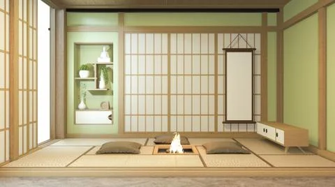 Nihon green room design interior with door paper and cabinet shelf wall on ta Stock Illustration