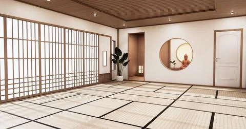 Nihon room design interior and cabinet shelf wall on tatami mat floor room ja Stock Illustration