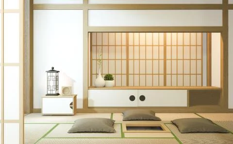 Nihon room design interior with door paper and cabinet shelf wall on tatami m Stock Illustration