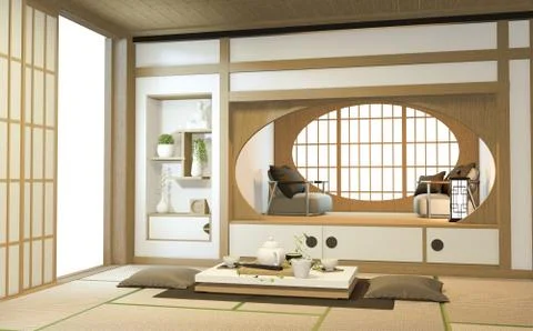 Nihon room design interior with door paper and cabinet shelf wall on tatami m Stock Illustration