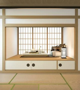 Nihon room design interior with door paper and cabinet shelf wall on tatami m Stock Illustration