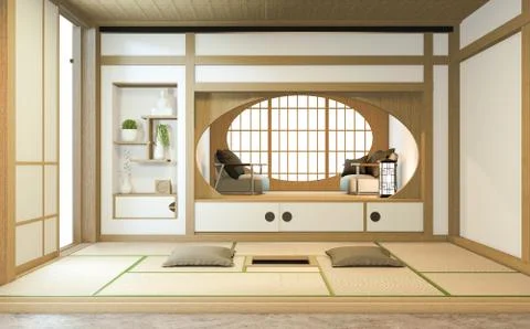 Nihon room design interior with door paper and cabinet shelf wall on tatami m Stock Illustration