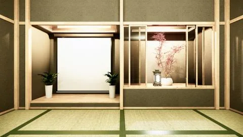 Nihon room interior background with shelf wall japanese style design hidden l Stock Illustration