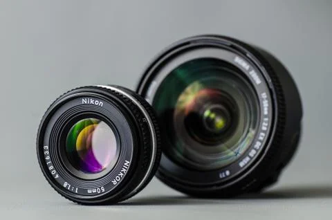 Nikon Nikkor prime lens in front of Sigma zoom Stock Photos